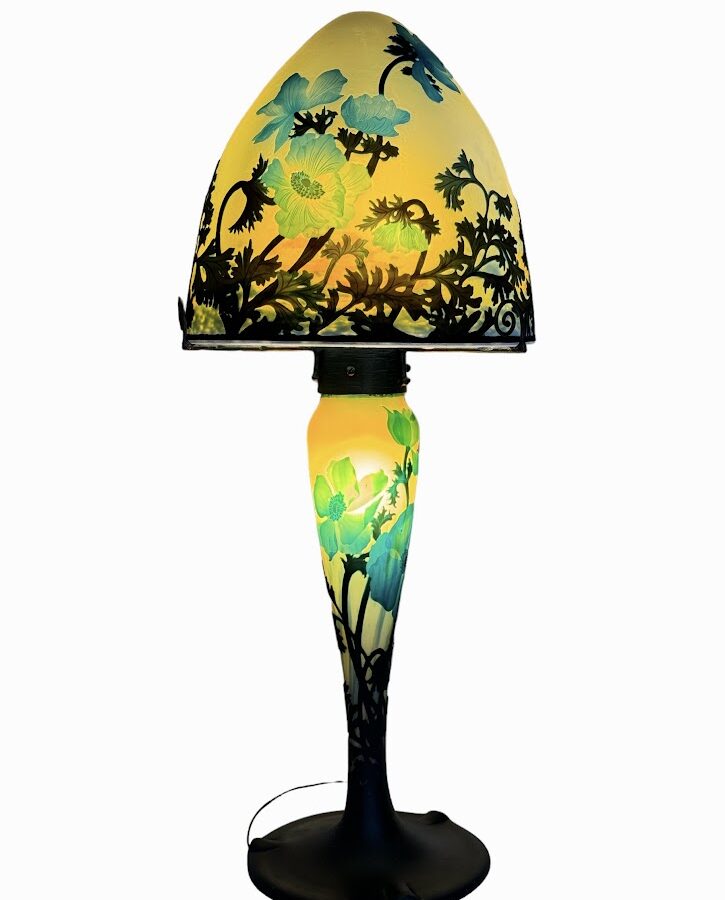 Muller Frères Lunéville  Importante Lampe Champignon "Anémones Bleues"