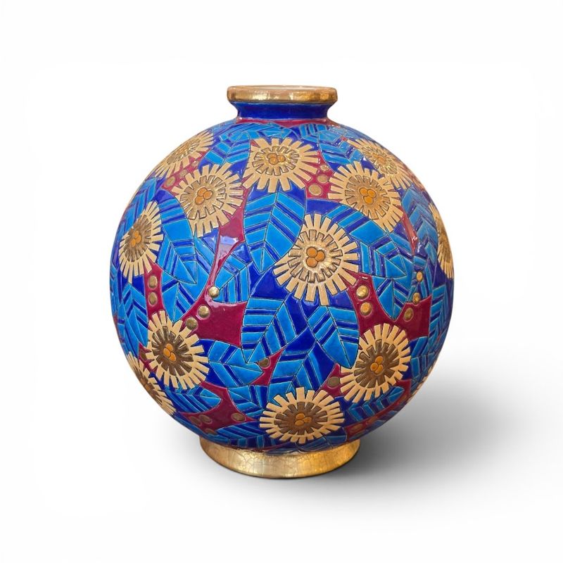 Longwy Vase Boule Art Deco "Fleurs Stylisées"