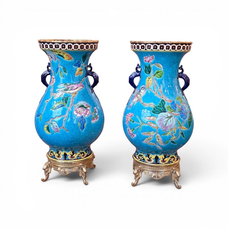 Longwy Paire de Vases Montés sur Bronze "Oiseaux Branchés"
