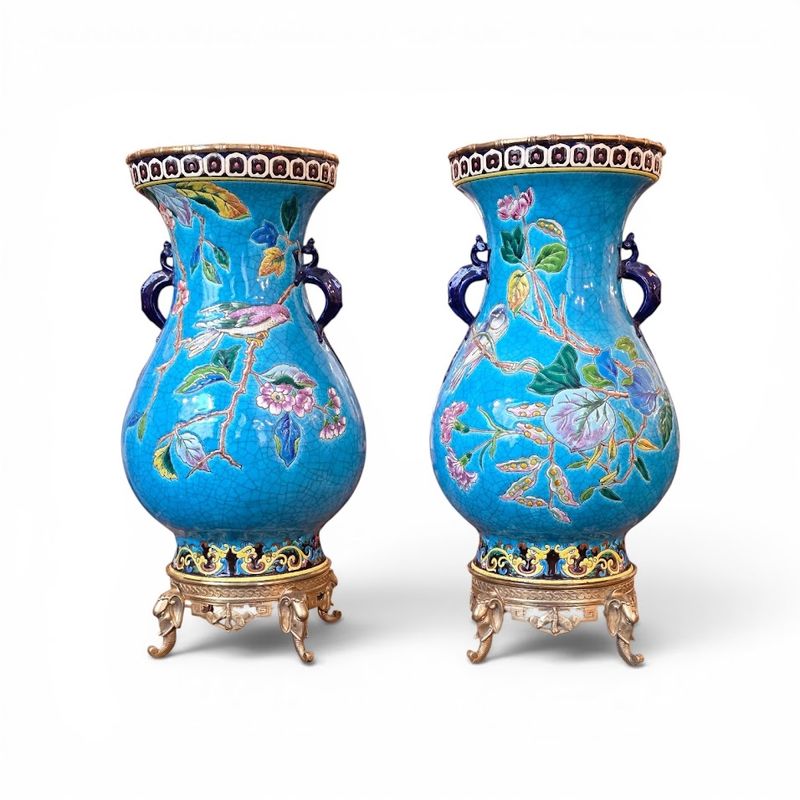Longwy Paire de Vases Montés sur Bronze "Oiseaux Branchés" – Image 4