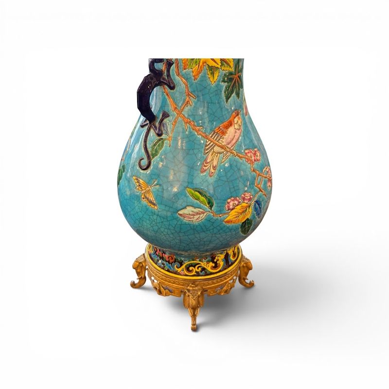 Longwy Paire de Vases Montés sur Bronze "Oiseaux Branchés" – Image 7