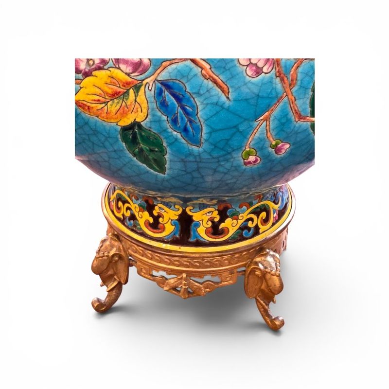 Longwy Paire de Vases Montés sur Bronze "Oiseaux Branchés" – Image 10